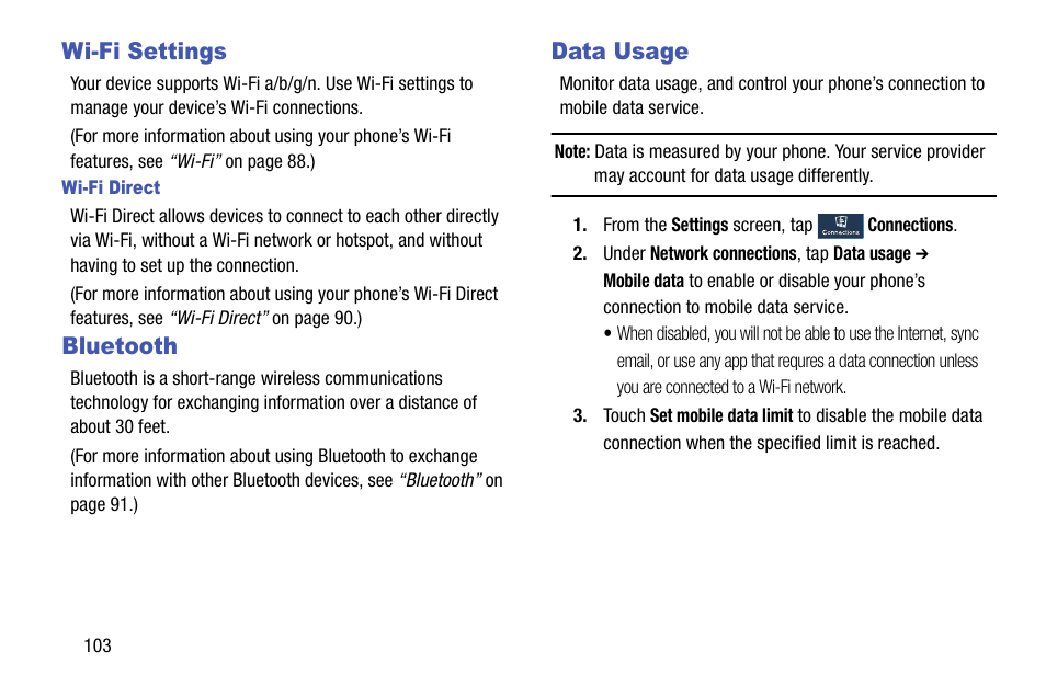 Wi-fi settings, Wi-fi direct, Bluetooth | Data usage, Wi-fi settings bluetooth data usage | Samsung SCH-R890ZKAUSC User Manual | Page 110 / 159