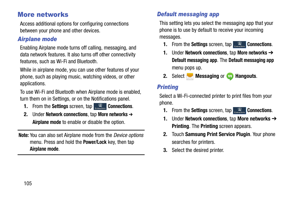 More networks, Airplane mode, Default messaging app | Printing, See “airplane | Samsung SCH-R890ZKAUSC User Manual | Page 112 / 159