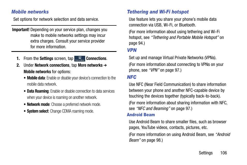 Mobile networks, Tethering and wi-fi hotspot, Android beam | Ice. (see “mobile, See “nfc” on | Samsung SCH-R890ZKAUSC User Manual | Page 113 / 159