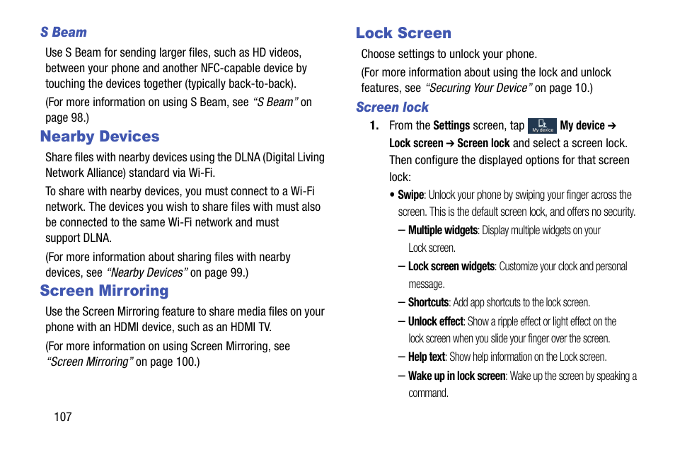 S beam, Nearby devices, Screen mirroring | Lock screen, Screen lock, Nearby devices screen mirroring lock screen | Samsung SCH-R890ZKAUSC User Manual | Page 114 / 159