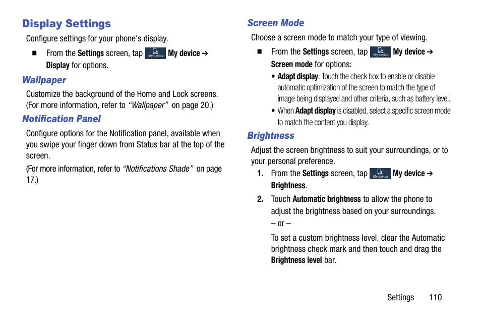 Display settings, Wallpaper, Notification panel | Screen mode, Brightness | Samsung SCH-R890ZKAUSC User Manual | Page 117 / 159