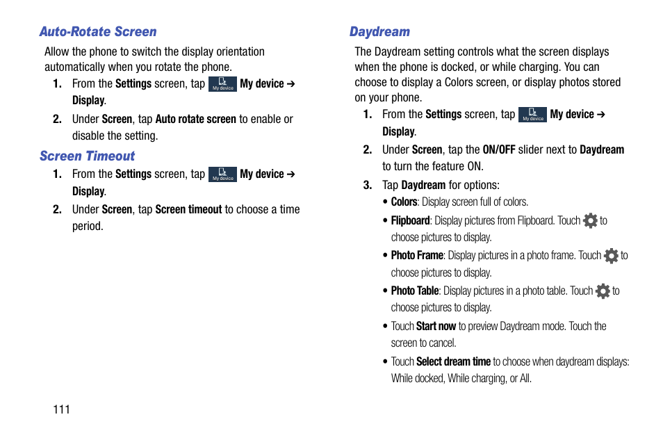 Auto-rotate screen, Screen timeout, Daydream | See “auto | Samsung SCH-R890ZKAUSC User Manual | Page 118 / 159