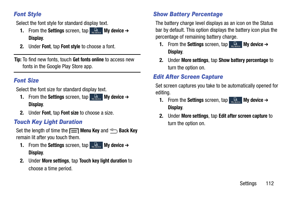 Font style, Font size, Touch key light duration | Show battery percentage, Edit after screen capture | Samsung SCH-R890ZKAUSC User Manual | Page 119 / 159