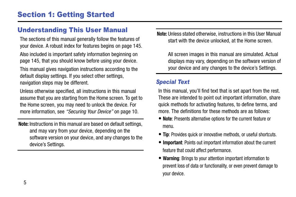 Section 1: getting started, Understanding this user manual, Special text | Samsung SCH-R890ZKAUSC User Manual | Page 12 / 159