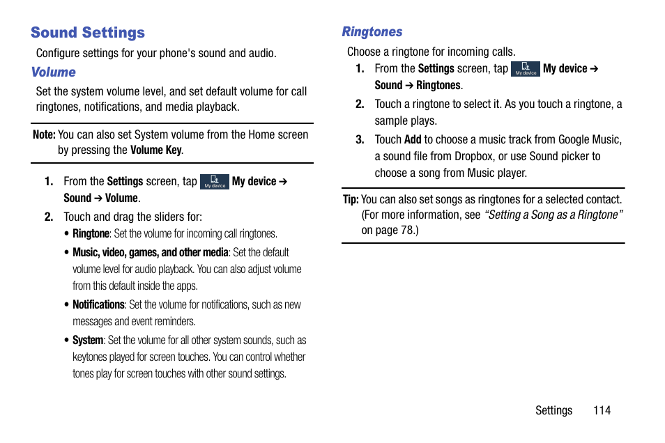 Sound settings, Volume, Ringtones | Samsung SCH-R890ZKAUSC User Manual | Page 121 / 159