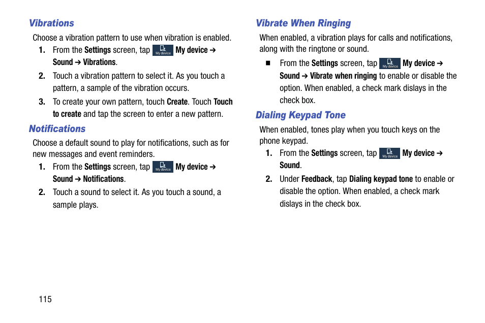 Vibrations, Notifications, Vibrate when ringing | Dialing keypad tone | Samsung SCH-R890ZKAUSC User Manual | Page 122 / 159