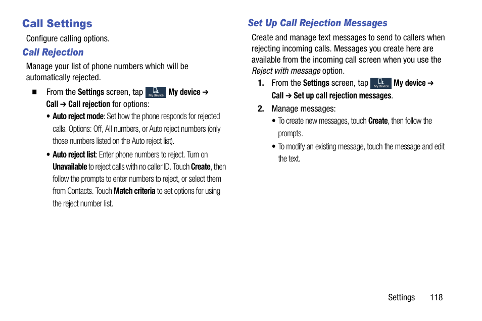 Call settings, Call rejection, Set up call rejection messages | Samsung SCH-R890ZKAUSC User Manual | Page 125 / 159