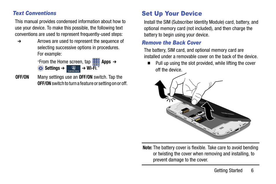 Text conventions, Set up your device, Remove the back cover | Samsung SCH-R890ZKAUSC User Manual | Page 13 / 159