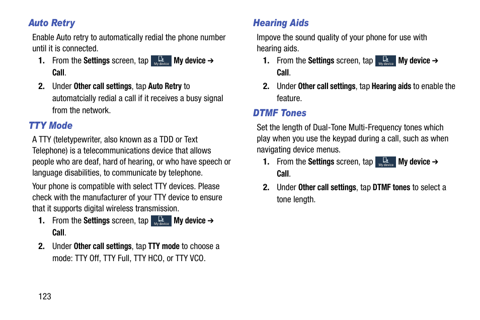 Auto retry, Tty mode, Hearing aids | Dtmf tones | Samsung SCH-R890ZKAUSC User Manual | Page 130 / 159