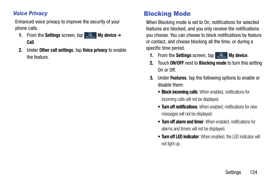 Voice privacy, Blocking mode, Es. (see | Samsung SCH-R890ZKAUSC User Manual | Page 131 / 159