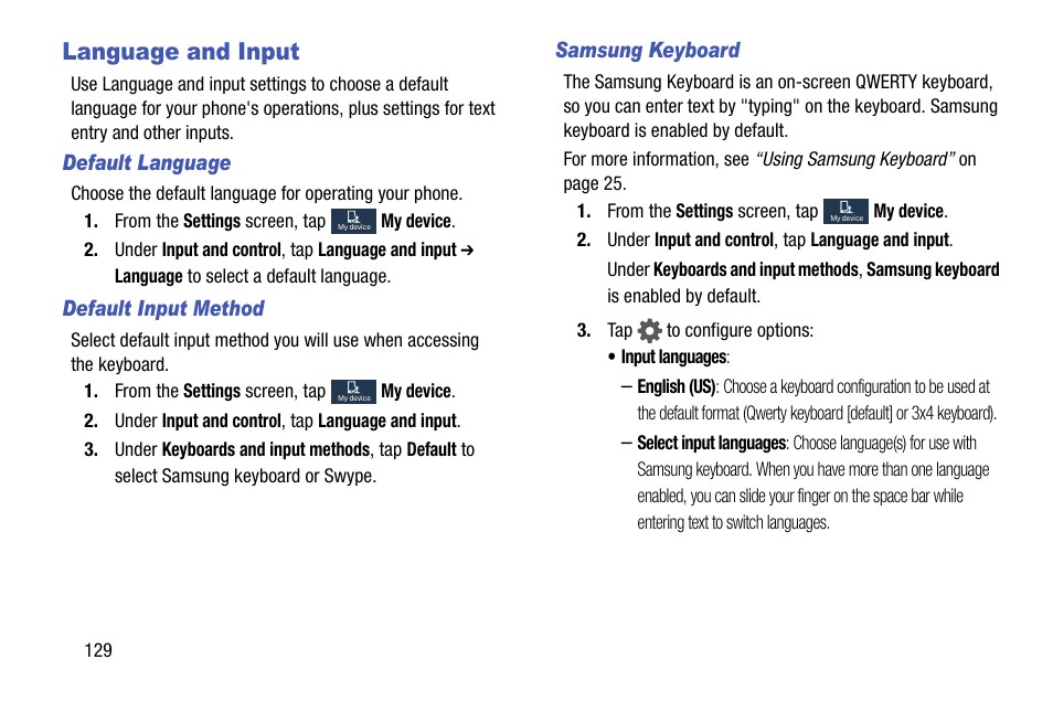 Language and input, Default language, Default input method | Samsung keyboard | Samsung SCH-R890ZKAUSC User Manual | Page 136 / 159