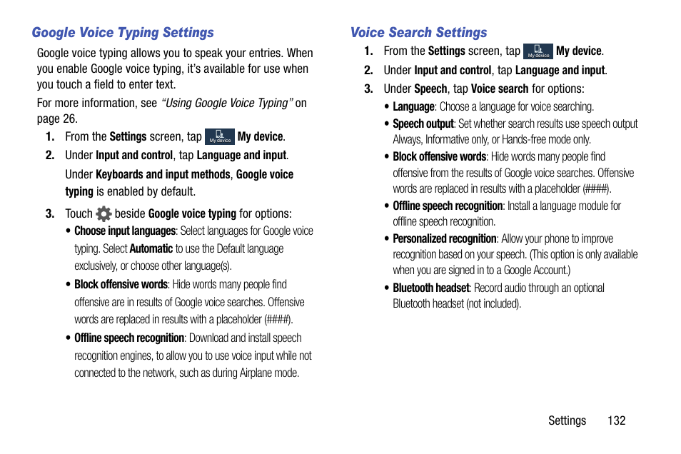 Google voice typing settings, Voice search settings | Samsung SCH-R890ZKAUSC User Manual | Page 139 / 159