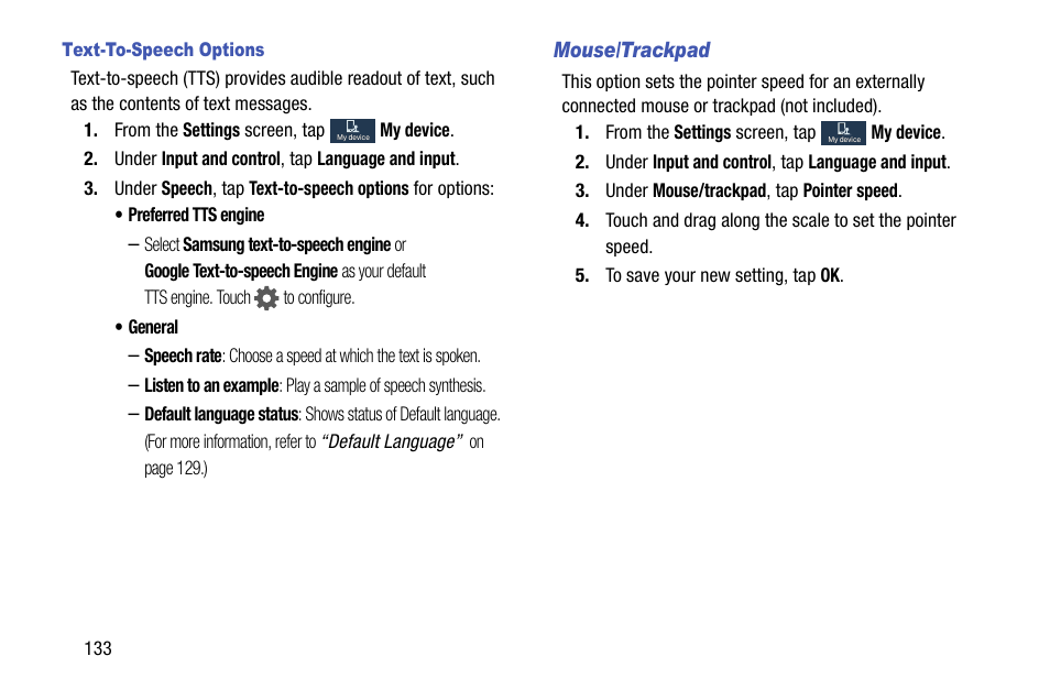 Text-to-speech options, Mouse/trackpad | Samsung SCH-R890ZKAUSC User Manual | Page 140 / 159
