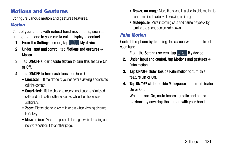 Motions and gestures, Motion | Samsung SCH-R890ZKAUSC User Manual | Page 141 / 159