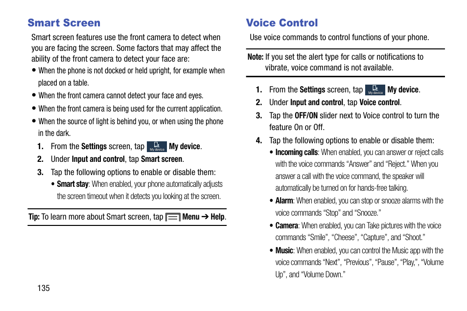 Smart screen, Voice control, Smart screen voice control | Samsung SCH-R890ZKAUSC User Manual | Page 142 / 159