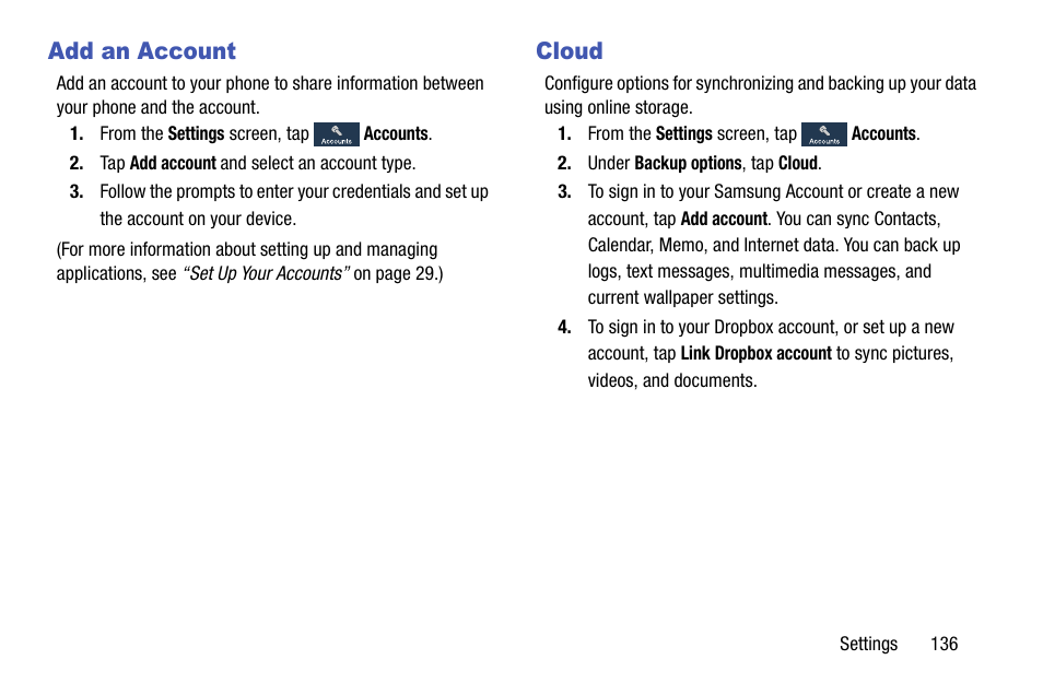 Add an account, Cloud, Add an account cloud | Samsung SCH-R890ZKAUSC User Manual | Page 143 / 159