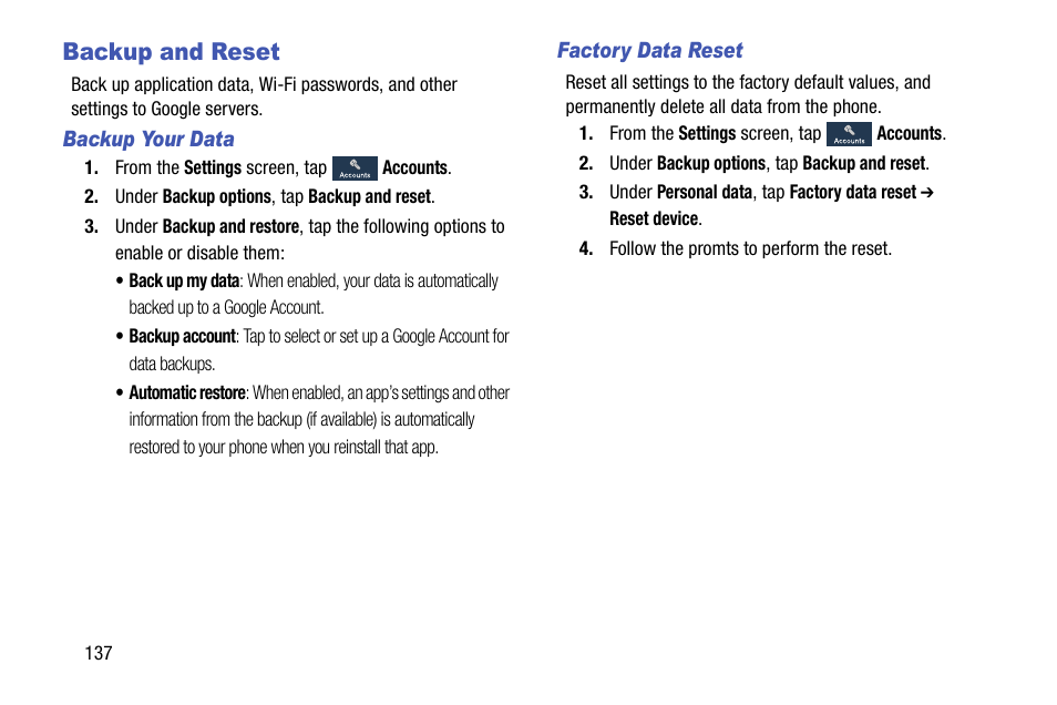 Backup and reset, Backup your data, Factory data reset | Samsung SCH-R890ZKAUSC User Manual | Page 144 / 159