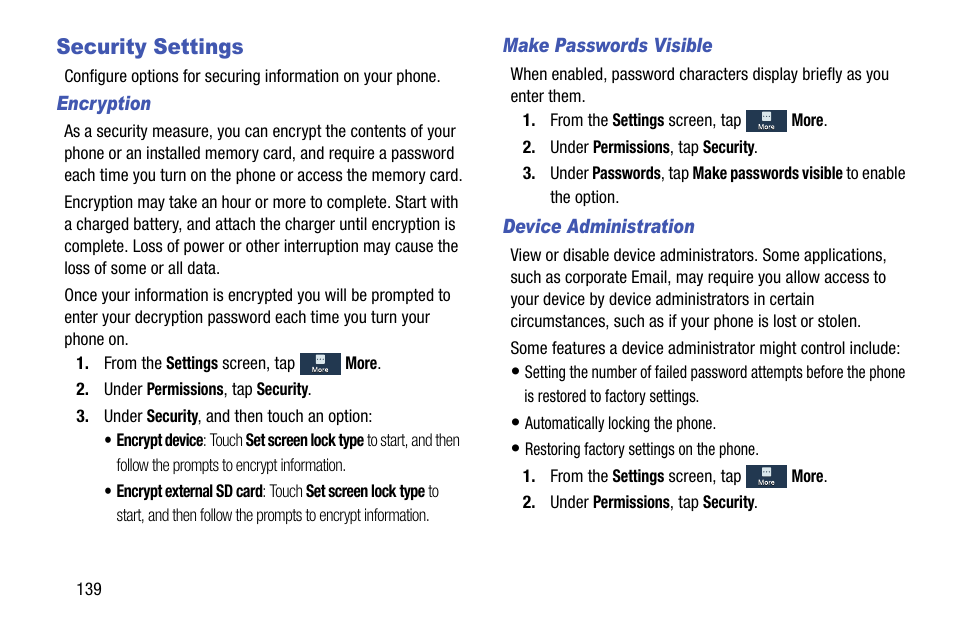 Security settings, Encryption, Make passwords visible | Device administration | Samsung SCH-R890ZKAUSC User Manual | Page 146 / 159