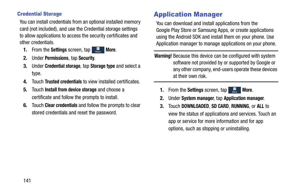 Credential storage, Application manager | Samsung SCH-R890ZKAUSC User Manual | Page 148 / 159