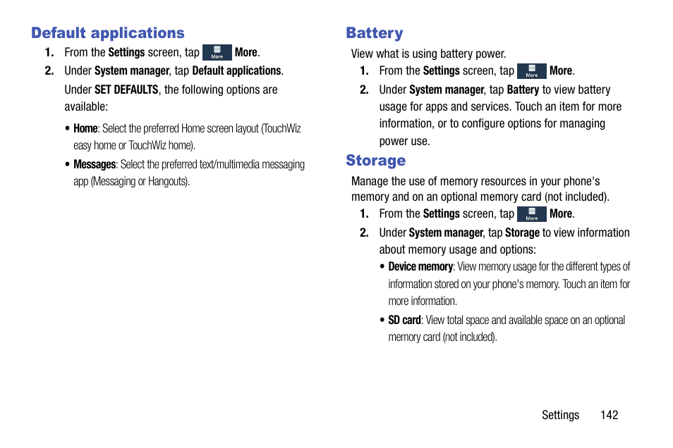 Default applications, Battery, Storage | Default applications battery storage | Samsung SCH-R890ZKAUSC User Manual | Page 149 / 159