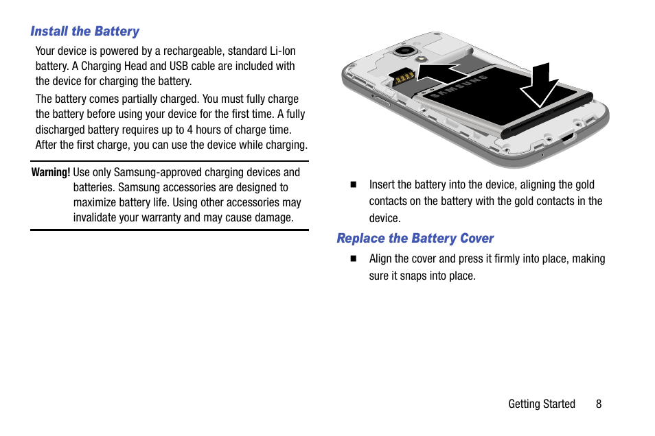 Install the battery, Replace the battery cover | Samsung SCH-R890ZKAUSC User Manual | Page 15 / 159