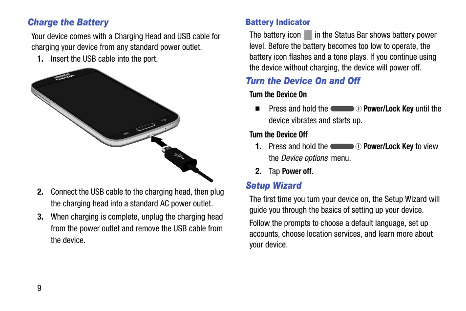 Charge the battery, Battery indicator, Turn the device on and off | Setup wizard | Samsung SCH-R890ZKAUSC User Manual | Page 16 / 159