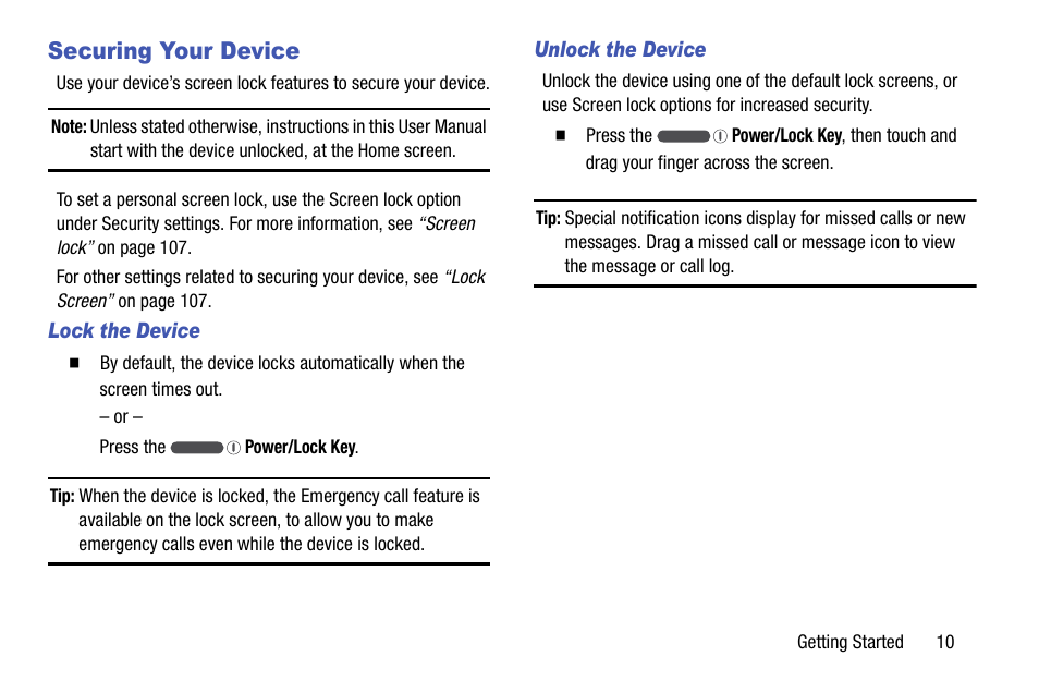 Securing your device, Lock the device, Unlock the device | Samsung SCH-R890ZKAUSC User Manual | Page 17 / 159