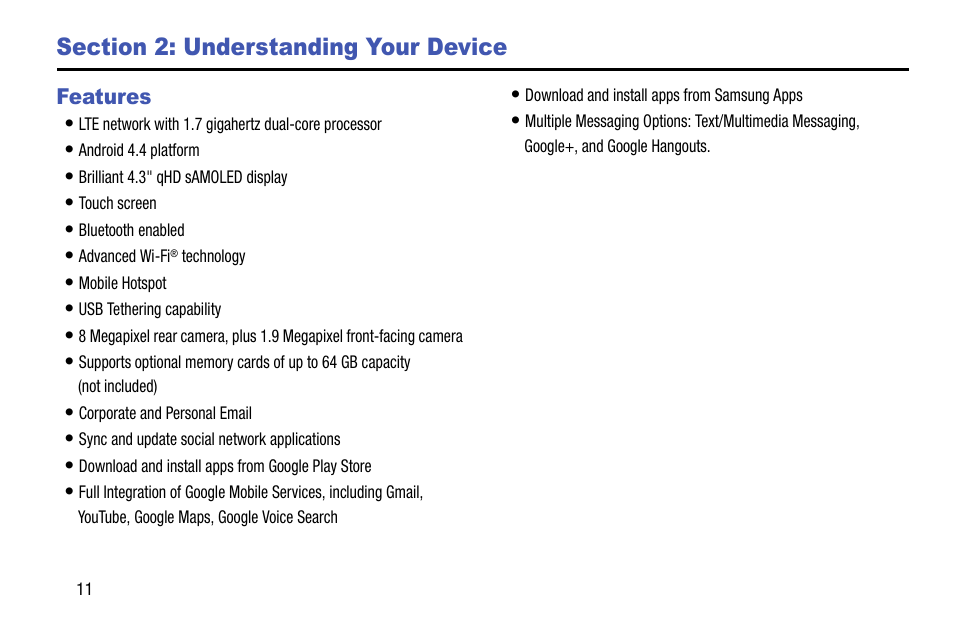 Section 2: understanding your device, Features | Samsung SCH-R890ZKAUSC User Manual | Page 18 / 159