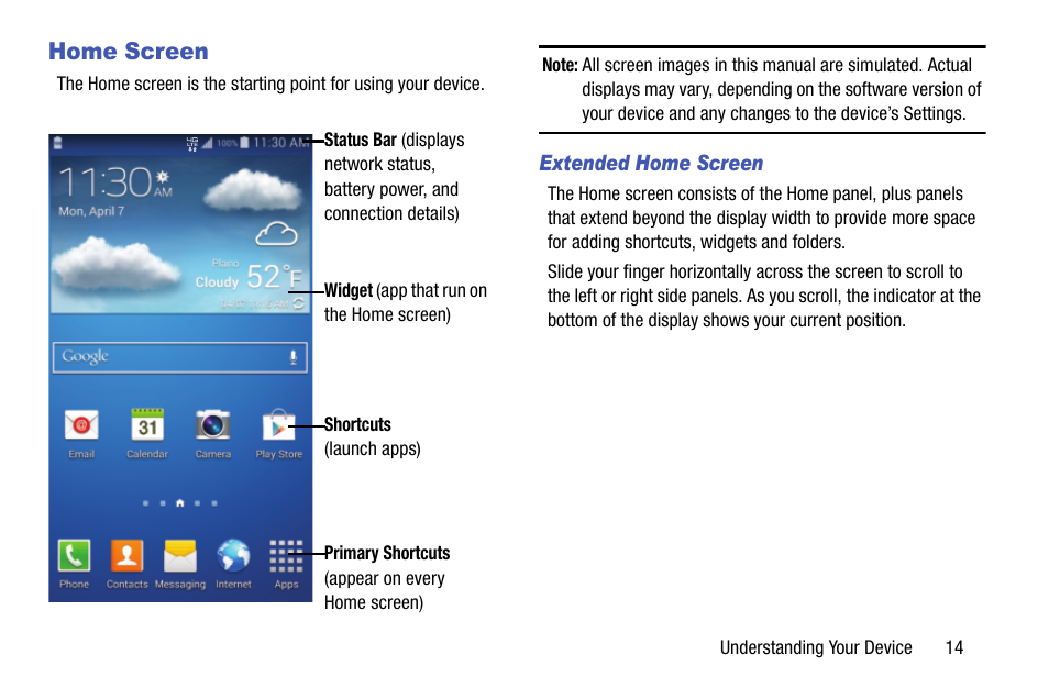 Home screen, Extended home screen | Samsung SCH-R890ZKAUSC User Manual | Page 21 / 159