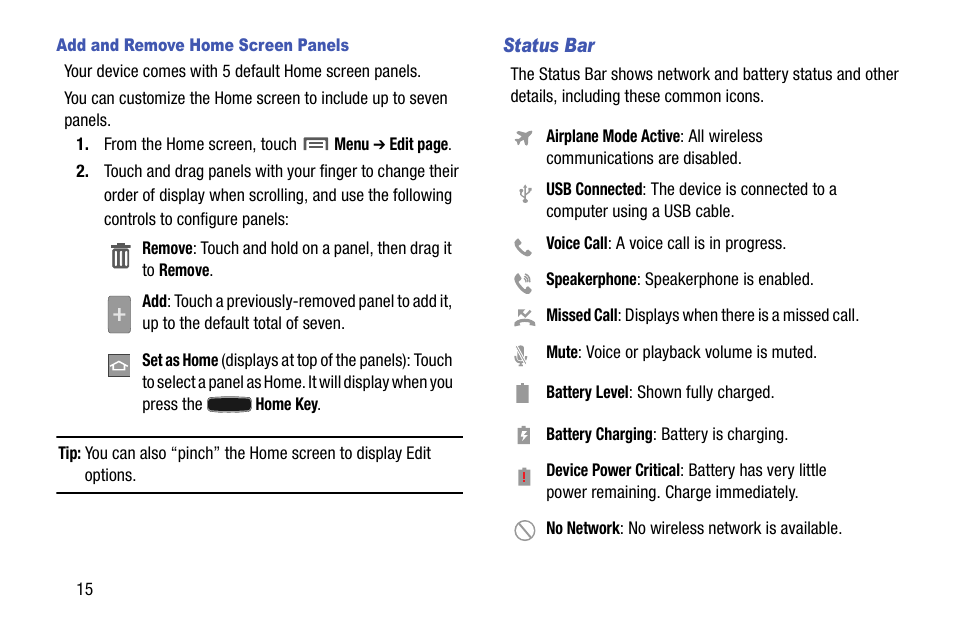 Add and remove home screen panels, Status bar | Samsung SCH-R890ZKAUSC User Manual | Page 22 / 159