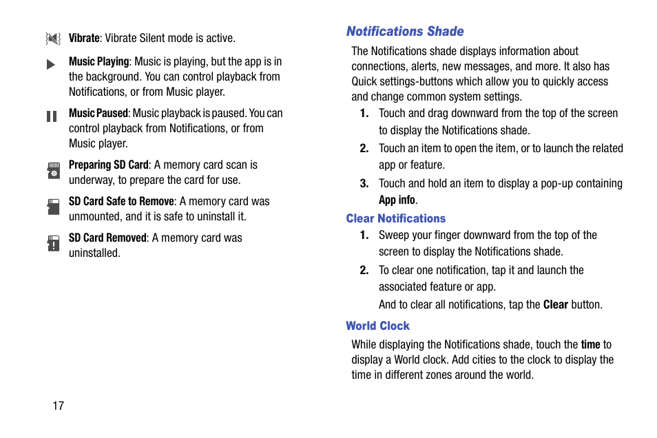 Notifications shade, Clear notifications, World clock | Samsung SCH-R890ZKAUSC User Manual | Page 24 / 159