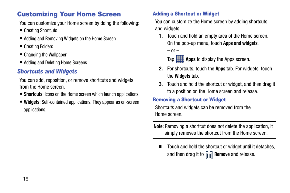 Customizing your home screen, Shortcuts and widgets, Adding a shortcut or widget | Removing a shortcut or widget | Samsung SCH-R890ZKAUSC User Manual | Page 26 / 159