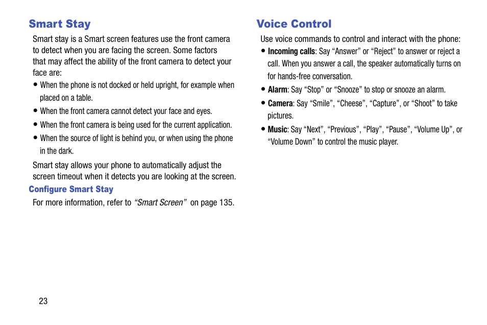 Smart stay, Configure smart stay, Voice control | Samsung SCH-R890ZKAUSC User Manual | Page 30 / 159