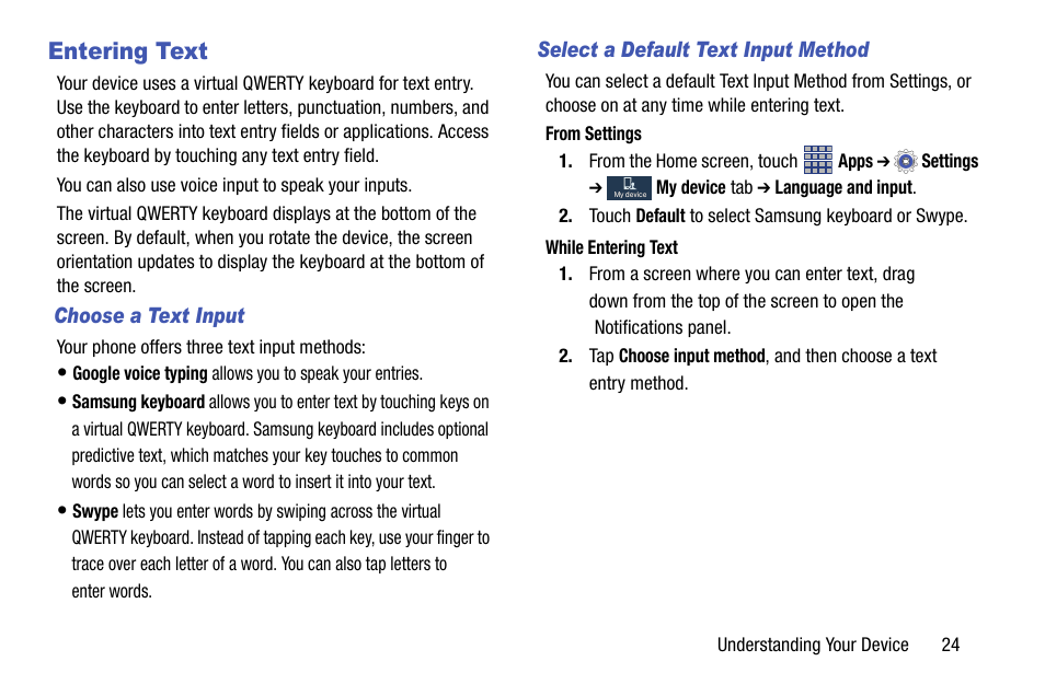 Entering text, Choose a text input, Select a default text input method | Samsung SCH-R890ZKAUSC User Manual | Page 31 / 159