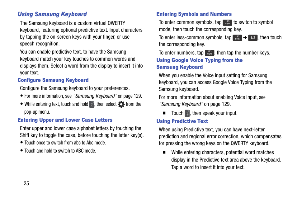 Using samsung keyboard, Configure samsung keyboard, Entering upper and lower case letters | Entering symbols and numbers, Using predictive text | Samsung SCH-R890ZKAUSC User Manual | Page 32 / 159