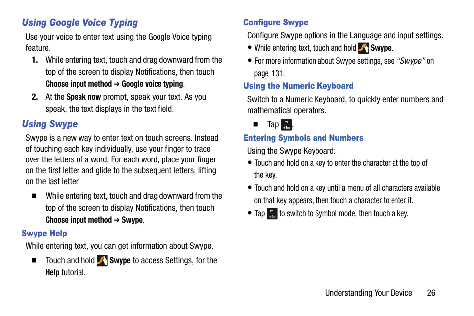 Using google voice typing, Using swype, Swype help | Configure swype, Using the numeric keyboard, Entering symbols and numbers | Samsung SCH-R890ZKAUSC User Manual | Page 33 / 159