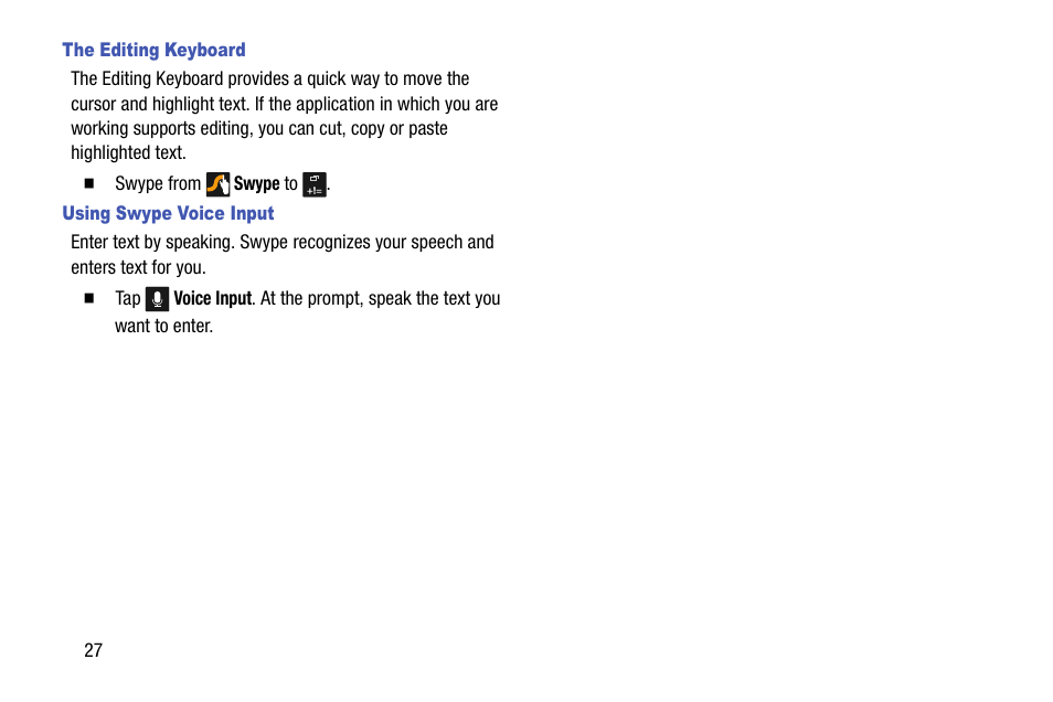 The editing keyboard, Using swype voice input | Samsung SCH-R890ZKAUSC User Manual | Page 34 / 159