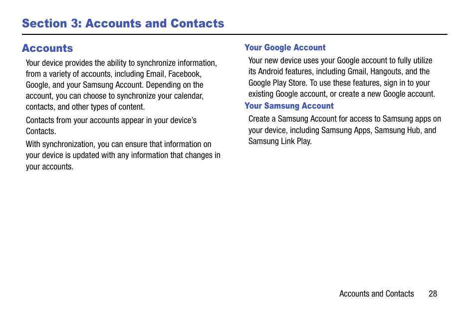 Section 3: accounts and contacts, Accounts, Your google account | Your samsung account | Samsung SCH-R890ZKAUSC User Manual | Page 35 / 159