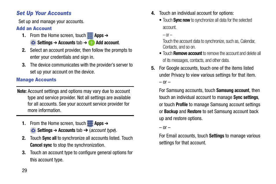 Set up your accounts, Add an account, Manage accounts | Samsung SCH-R890ZKAUSC User Manual | Page 36 / 159