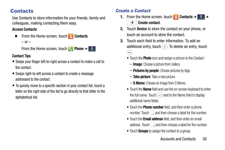 Contacts, Create a contact | Samsung SCH-R890ZKAUSC User Manual | Page 37 / 159