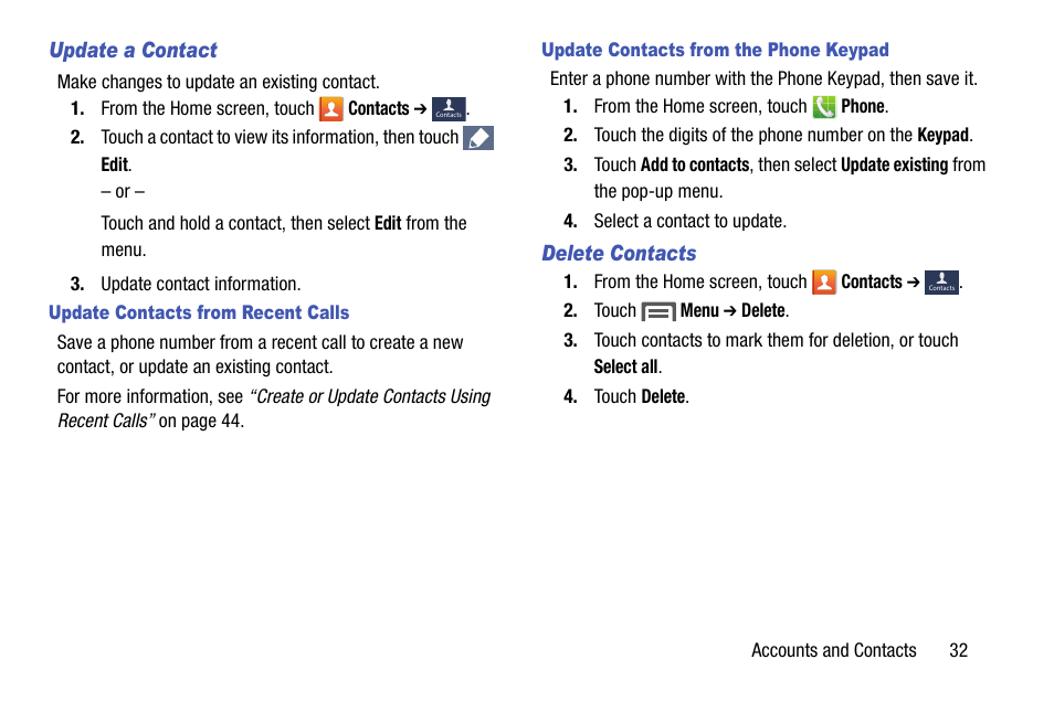 Update a contact, Update contacts from recent calls, Update contacts from the phone keypad | Delete contacts | Samsung SCH-R890ZKAUSC User Manual | Page 39 / 159