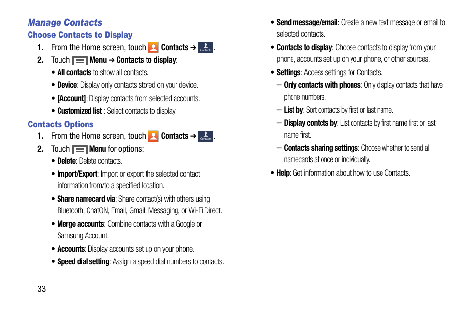 Manage contacts, Choose contacts to display, Contacts options | Samsung SCH-R890ZKAUSC User Manual | Page 40 / 159