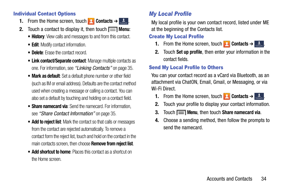 Individual contact options, My local profile, Create my local profile | Send my local profile to others | Samsung SCH-R890ZKAUSC User Manual | Page 41 / 159