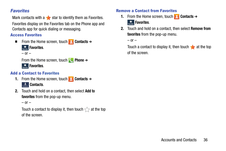 Favorites, Access favorites, Add a contact to favorites | Remove a contact from favorites | Samsung SCH-R890ZKAUSC User Manual | Page 43 / 159