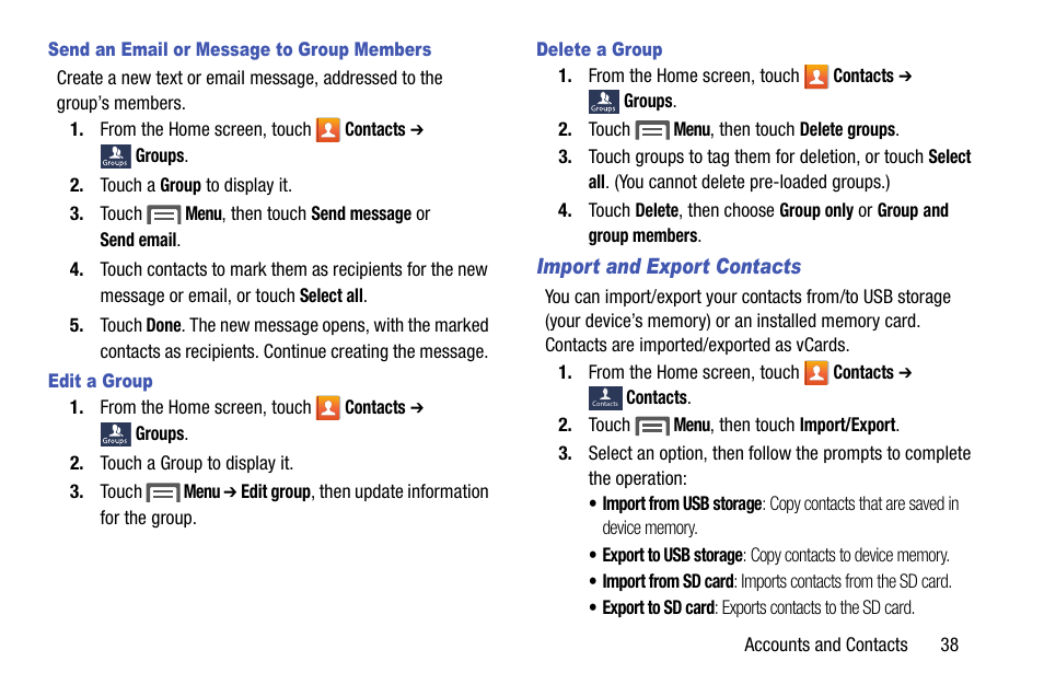 Send an email or message to group members, Edit a group, Delete a group | Import and export contacts | Samsung SCH-R890ZKAUSC User Manual | Page 45 / 159