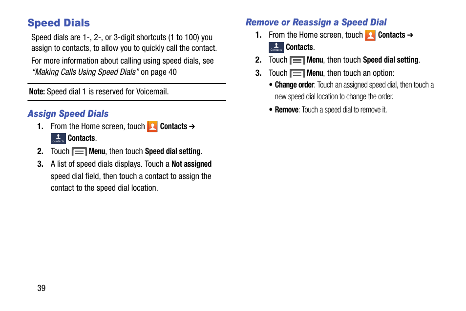 Speed dials, Assign speed dials, Remove or reassign a speed dial | Samsung SCH-R890ZKAUSC User Manual | Page 46 / 159