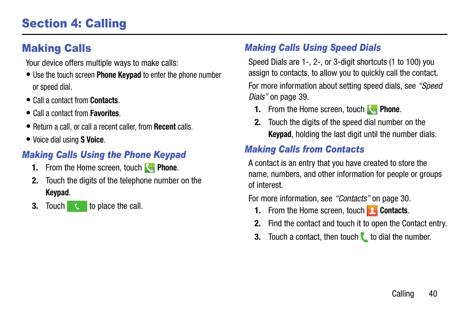 Section 4: calling, Making calls, Making calls using the phone keypad | Making calls using speed dials, Making calls from contacts | Samsung SCH-R890ZKAUSC User Manual | Page 47 / 159