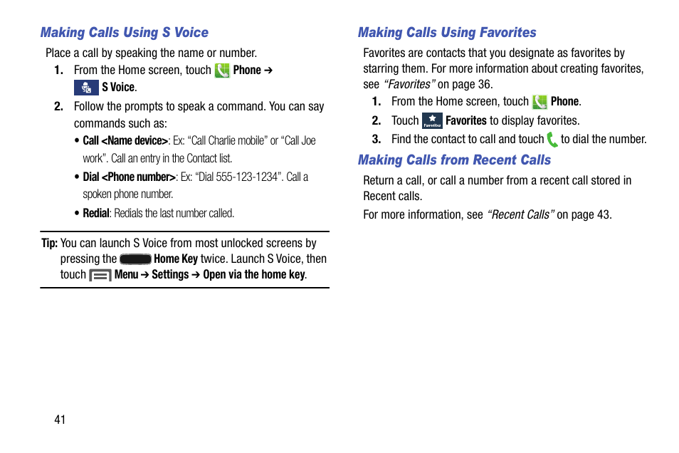 Making calls using s voice, Making calls using favorites, Making calls from recent calls | Samsung SCH-R890ZKAUSC User Manual | Page 48 / 159