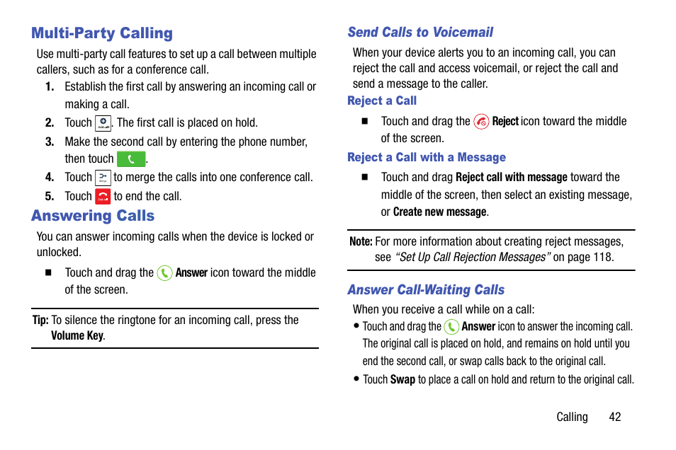 Multi-party calling, Answering calls, Send calls to voicemail | Reject a call, Reject a call with a message, Answer call-waiting calls | Samsung SCH-R890ZKAUSC User Manual | Page 49 / 159