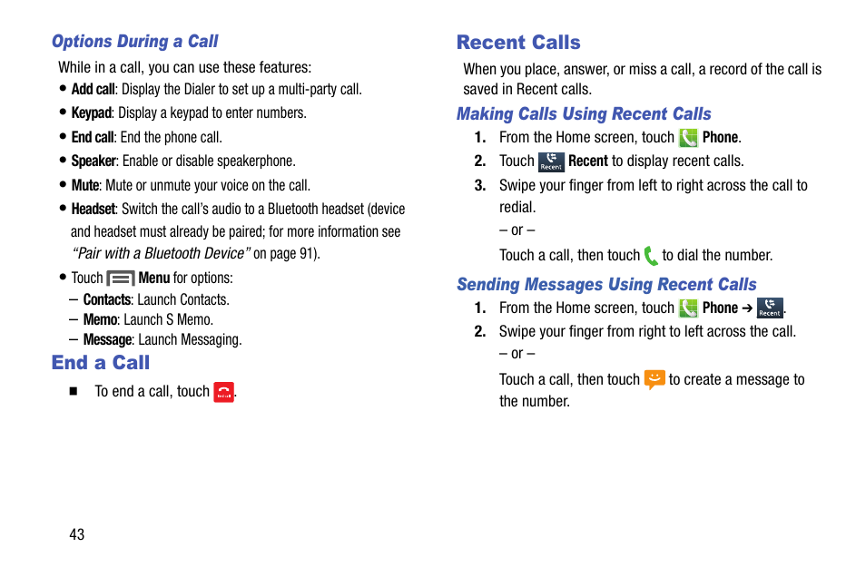 Options during a call, End a call, Recent calls | Making calls using recent calls, Sending messages using recent calls | Samsung SCH-R890ZKAUSC User Manual | Page 50 / 159